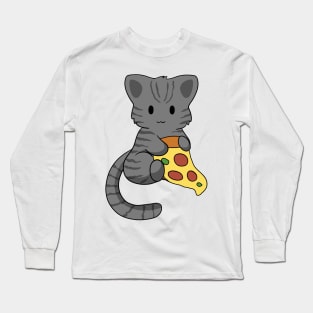 Grey Tabby Cat with Pizza Long Sleeve T-Shirt